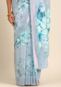 Pastel Blue Watercolor Floral Printed Georgette Saree - Taashi