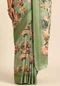 Dusty Green Floral Printed Georgette Saree - Taashi