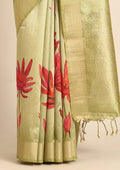 Olive Green Floral Printed Tussar Saree - Taashi