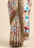 Beige Floral Digital Printed Satin Saree - Taashi