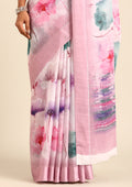 Pastel Pink Watercolor Floral Printed Georgette Saree - Taashi