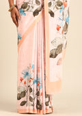 Pastel Pink Multicolor Watercolor Floral Printed Crepe Saree - Taashi