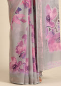 Grey Watercolor Floral Printed Georgette Saree - Taashi