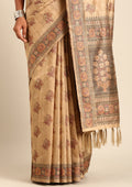 Beige Mughal Floral Woven Pattern Tussar Saree - Taashi