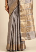 Grey Traditional Zari Butta Woven Tussar Saree - Taashi