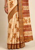 Mustard Yellow Hibiscus Printed Tussar Saree - Taashi