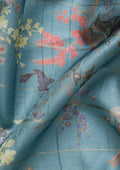Dusty Blue Floral, Flamingo Printed And Zari Stripes Tussar Saree - Taashi
