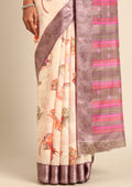 Cream Watercolor Floral Printed And Plaids Woven Linen Saree - Taashi