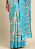 Sky Blue A/O Floral Printed Plaids Woven Line Saree - Taashi