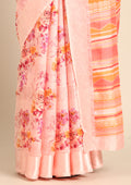 Pastel Pink Watercolor Floral Printed And Plaids Woven Linen Saree - Taashi