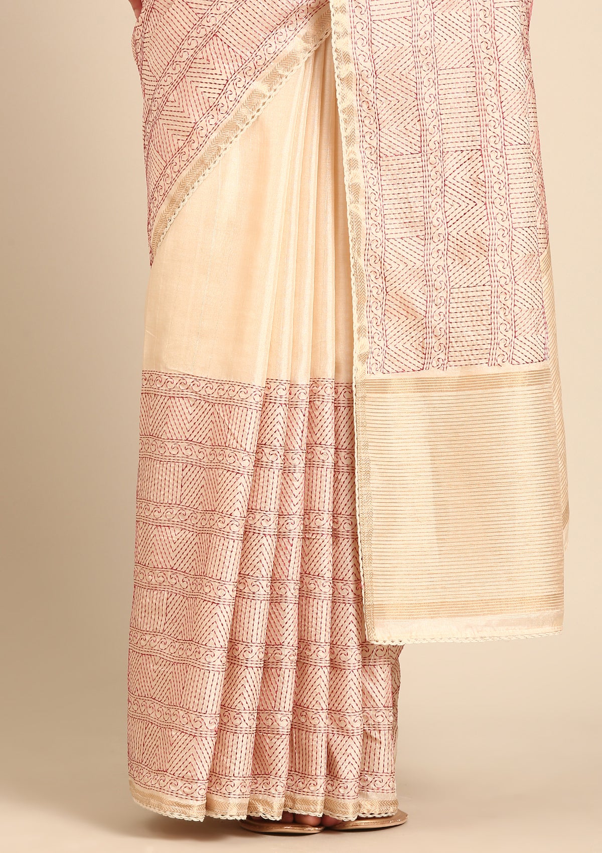 Cream Fancy Embroidery Tussar Saree - Taashi