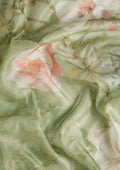 Sage Green Floral Printed Zari Woven Organza Saree - Taashi