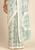 Cream And Sage Green Stylised A/O Paisley Pattern Linen Saree - Taashi