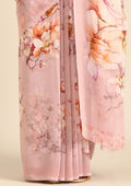 Pastel Pink Watercolor Floral Printed Georgette Saree - Taashi