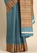 Blue Temple Border Printed Tussar Saree - Taashi