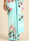 Sky Blue Multicolor Watercolor Floral Printed Crepe Saree - Taashi