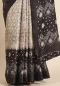 Grey Batik Printed Art Tussar Matka Silk Saree - Taashi