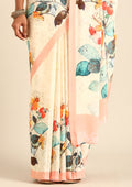 Cream Multicolor Watercolor Floral Printed Crepe Saree - Taashi