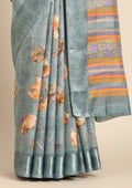 Powder Blue Watercolor Floral Printed And Plaids Woven Linen Saree - Taashi