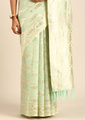 Pastel Green Geometric Floral Woven Tussar Saree - Taashi