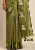 Olive Green Jacquard Pattern Placement Tussar Saree - Taashi