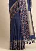 Navy Blue Ikat Pattern And Tradition Pattern Woven Tussar Saree - Taashi