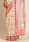 Cream And Dusty Pink Jaal Floral Printed Art Tussar Matka Silk Saree - Taashi
