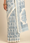 Cream And Blue Stylised A/O Paisley Pattern Linen Saree - Taashi