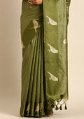 Olive Green Placement Jacquard Woven Tussar Saree - Taashi