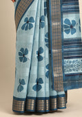 Powder Blue Hibiscus Printed Tussar Saree - Taashi