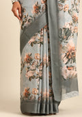 Grey Floral Printed Georgette Saree - Taashi