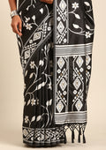 Black And White Floral And Tribal Pattern Woven Tussar Saree - Taashi