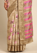 Pastel Olive Green Watercolor Floral Printed And Plaids Woven Linen Saree - Taashi