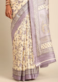 Cream And Mauve Jaal Floral Printed Art Tussar Matka Silk Saree - Taashi