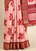 Red Hibiscus Printed Tussar Saree - Taashi