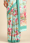 Turquoise Multicolor Watercolor Floral Printed Crepe Saree - Taashi