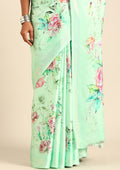 Pista Green A/O Floral Printed Satin Saree - Taashi
