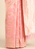 Pastel Pink Geometric Floral Woven Tussar Saree - Taashi