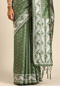 Dark Green Stylised Ikat Pattern Tussar Saree - Taashi