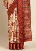 Brown Watercolor Floral Printed And Plaids Woven Linen Saree - Taashi