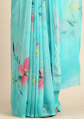 Sky Blue Multicolor Floral Printed Georgette Saree - Taashi