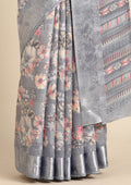 Grey A/O Floral Printed Plaids Woven Line Saree - Taashi