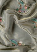 Metallic Dusty Green Nature InspiRed Embroiderd Tissue Saree - Taashi