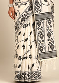 Cream And Black Floral And Tribal Pattern Woven Tussar Saree - Taashi