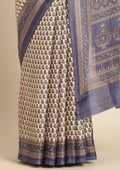 Cream And Blue A/O Floral Printed Art Tussar Matka Silk Saree - Taashi