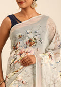 Pastel Sage Green Watercolor Floral Printed Georgette Saree - Taashi