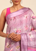 Purple Watercolor Floral Printed And Plaids Woven Linen Saree - Taashi