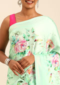 Pista Green A/O Floral Printed Satin Saree - Taashi