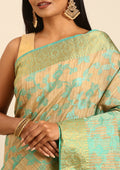 Beige And Turquoise Floral Woven Tussar Saree - Taashi