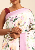 White A/O Floral Printed Satin Saree - Taashi